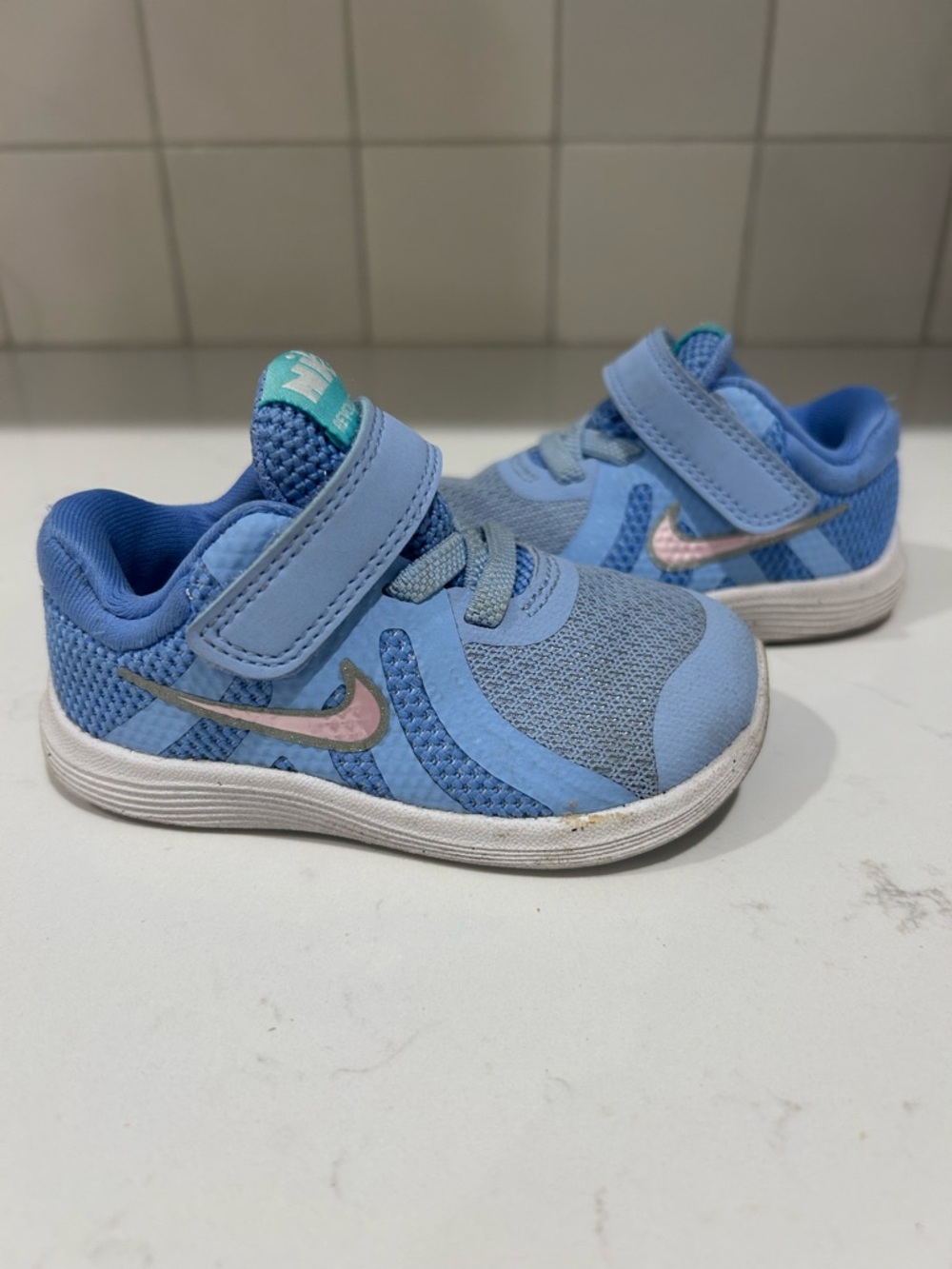 Nike Light Blue and Pink Kids Velcro Sneakers